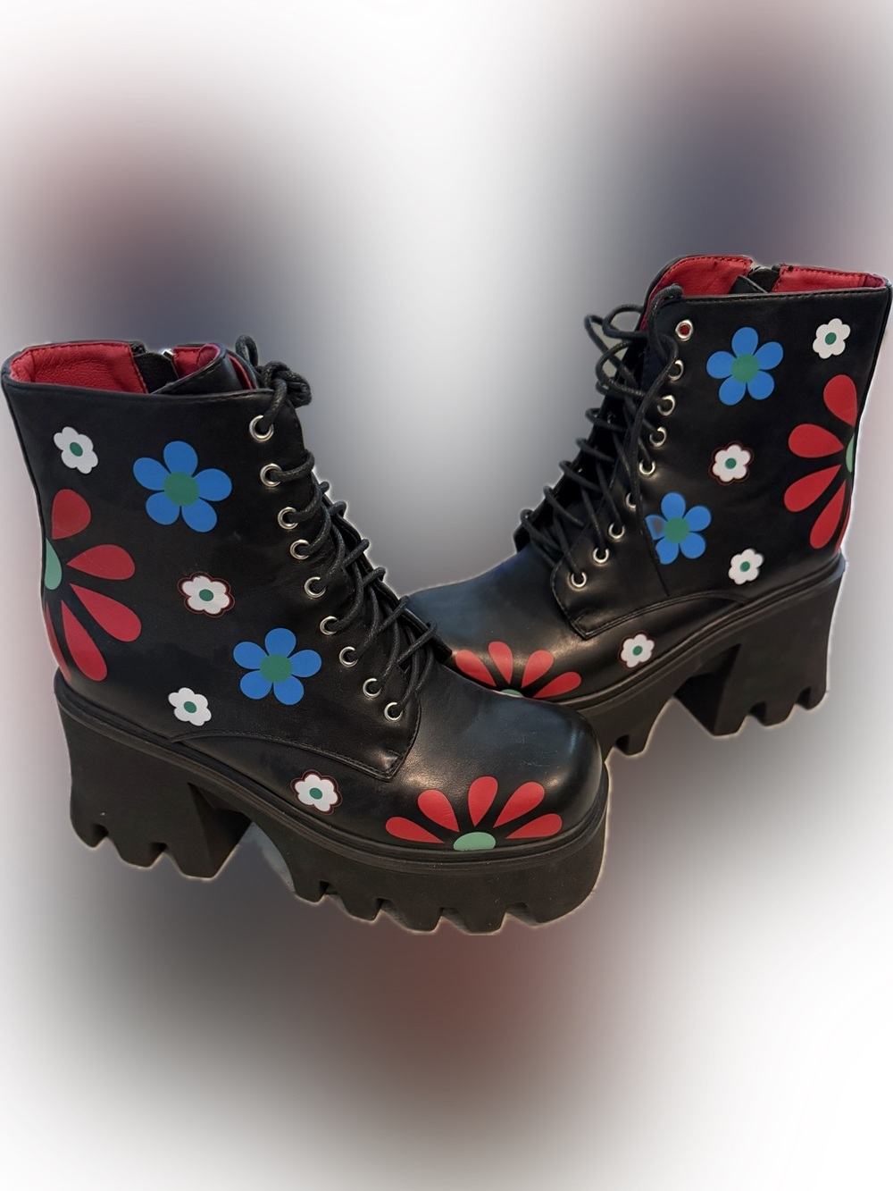 Lamoda “Free Spirit” Black Floral Platform Combat Boots. NWOT!